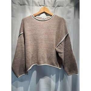 Crescent Womens Tan White Marled Knit Crewneck Sweater Exposed Seam Boxy Small